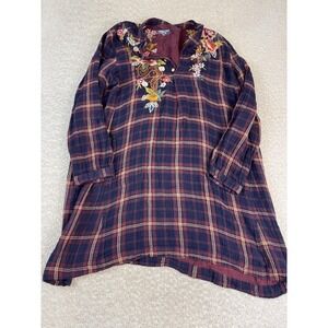 Johnny Was Workshop Shirt Womens Large Plaid Embroidered Boho Floral Tunic Dress